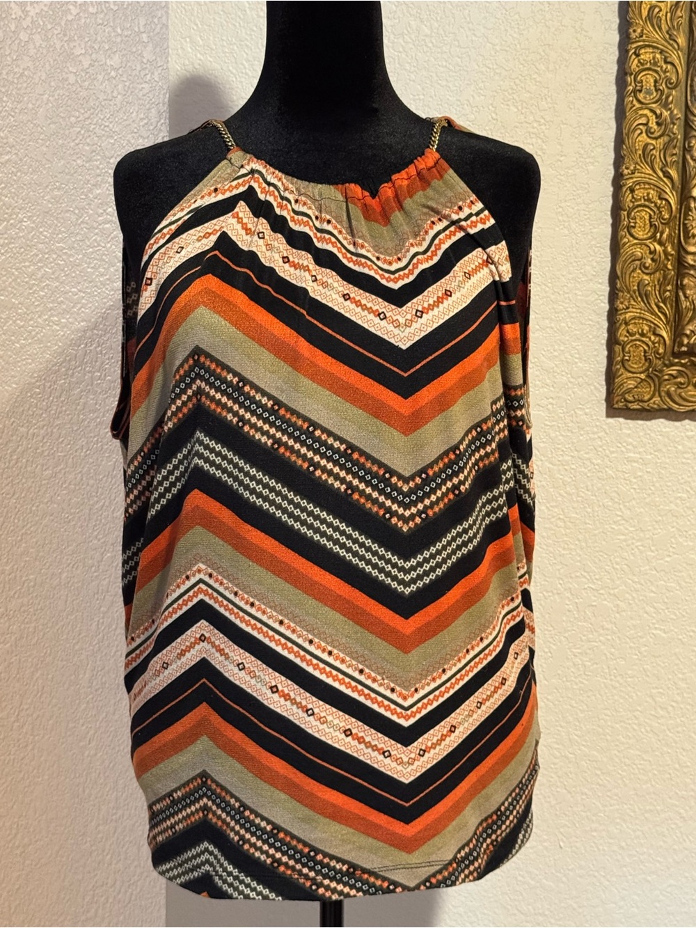 Allen B. By Allen Schwartz Chevron Halter Camisole in Orange, Black & Olive